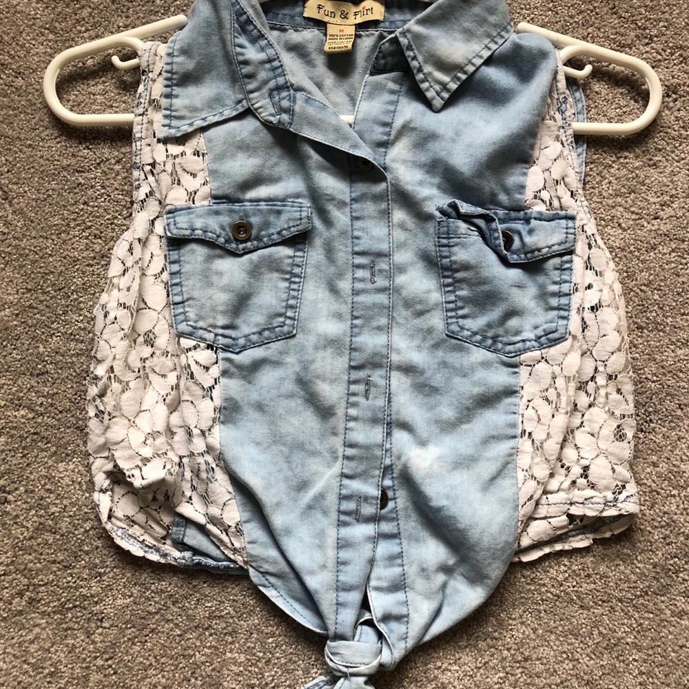 Denim & white lace crop top